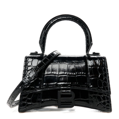 Balenciaga Shiny Calfskin Monochrome Crocodile Embossed Hourglass Top Handle Bag XS Black 1 of 10