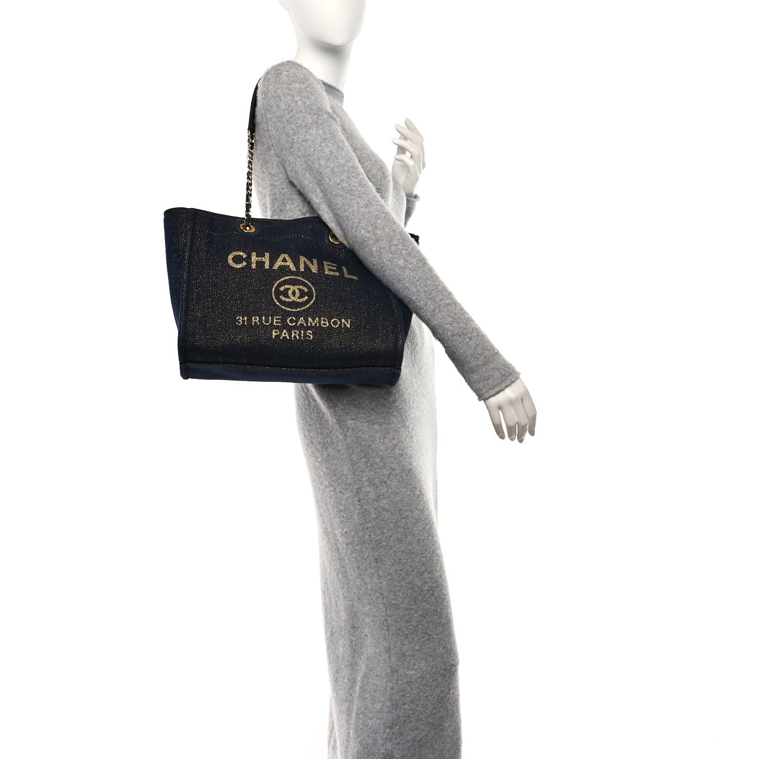 Chanel Lurex Canvas Small Deauville Tote Navy Blue Gold 3 of 13
