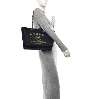 Chanel Lurex Canvas Small Deauville Tote Navy Blue Gold 3 of 13