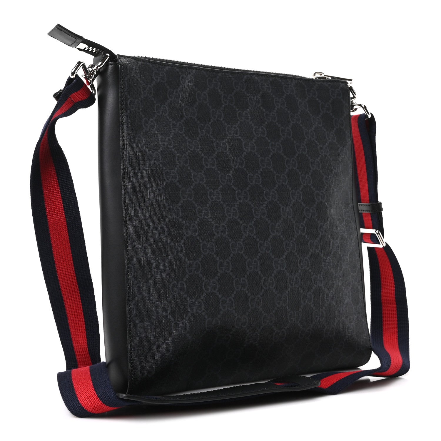 Gucci GG Supreme Monogram Appia Calfskin Web Flat Messenger Bag Black Grey 3 of 10