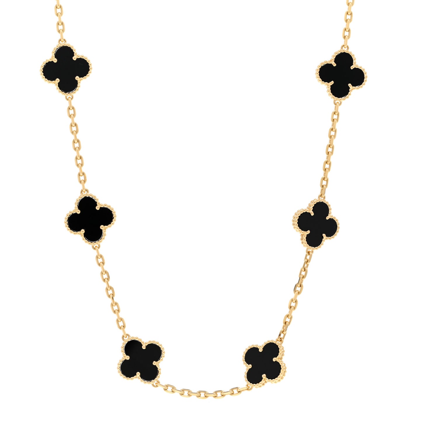18K Yellow Gold Black Onyx 10 Motifs Vintage Alhambra Necklace