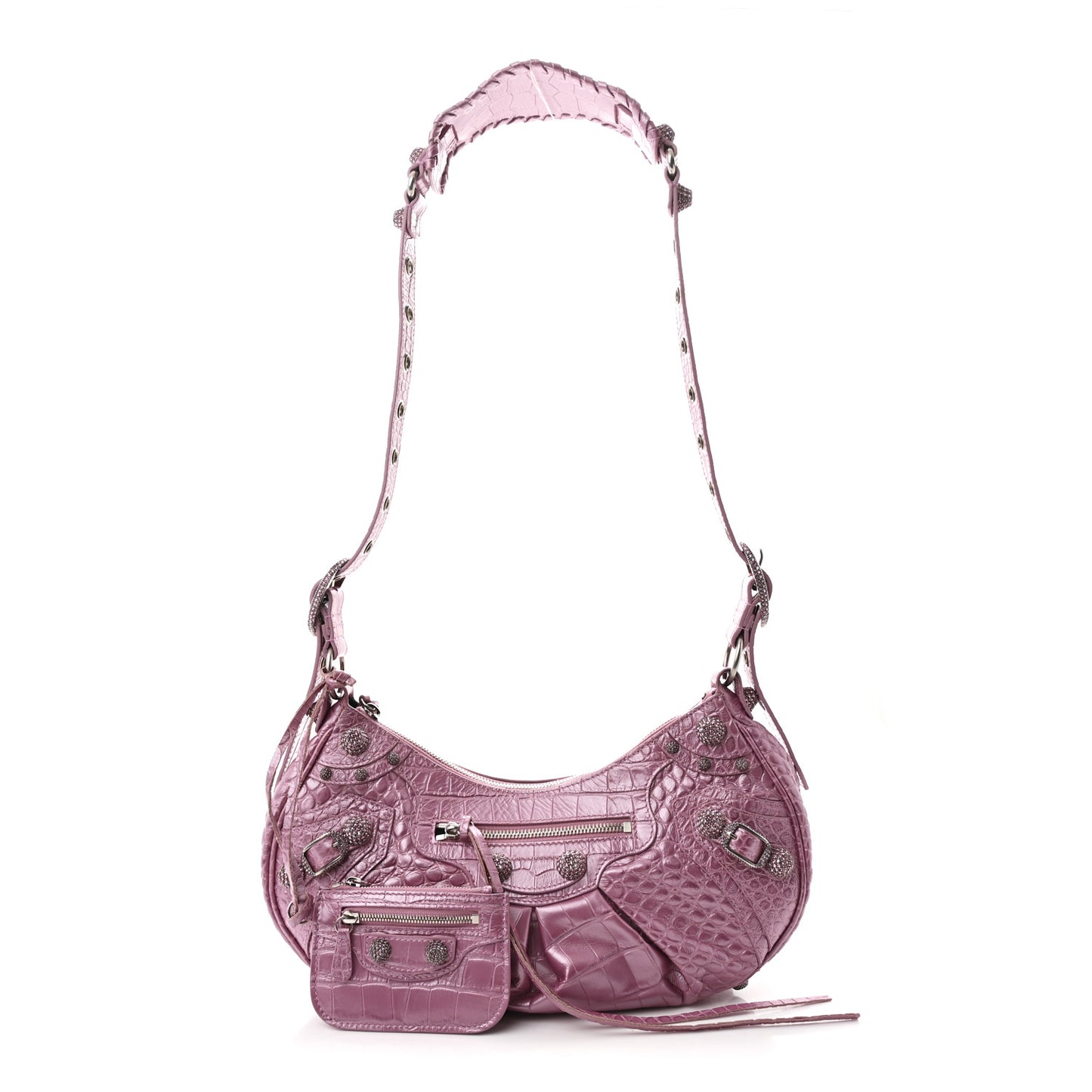 Metallic Extra Supple Calfskin Crystal Crocodile Embossed Small Le Cagole Shoulder Bag Pink