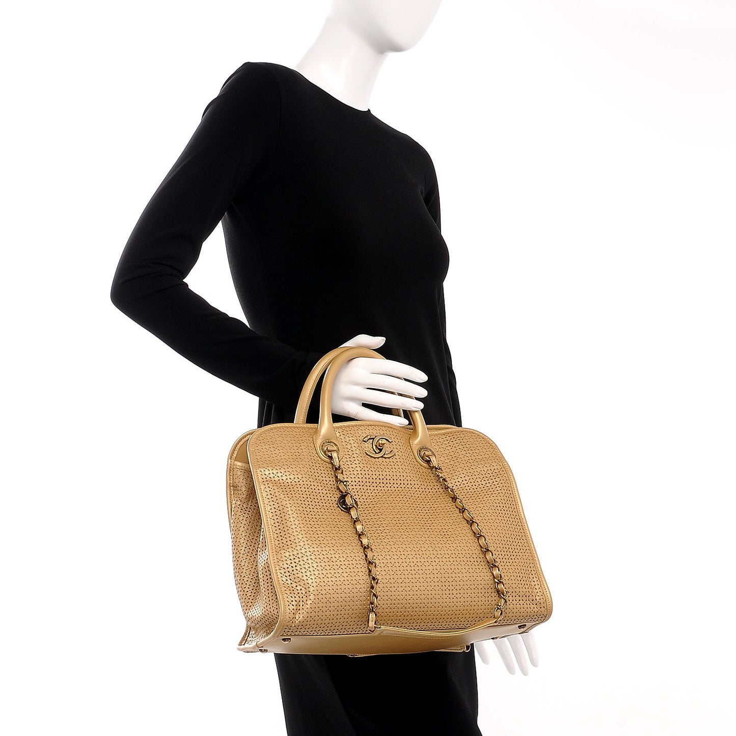 Metallic Calfskin Perforated Up In The Air Tote Gold