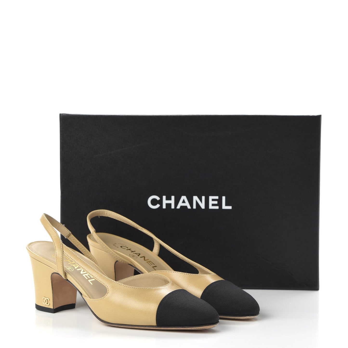 Goatskin Grosgrain Cap Toe CC Slingback Pumps 36 Beige Black