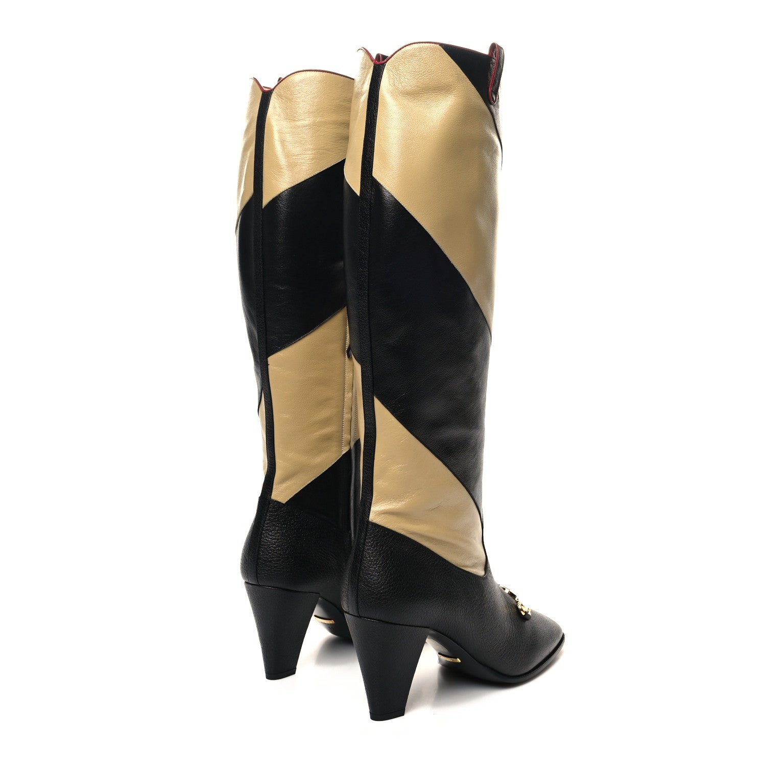 Gucci Calfskin Wrinkled Kid Diagonal Striped Zumi Knee Boots 41 Black Beige Romantic Cherry 4 of 10