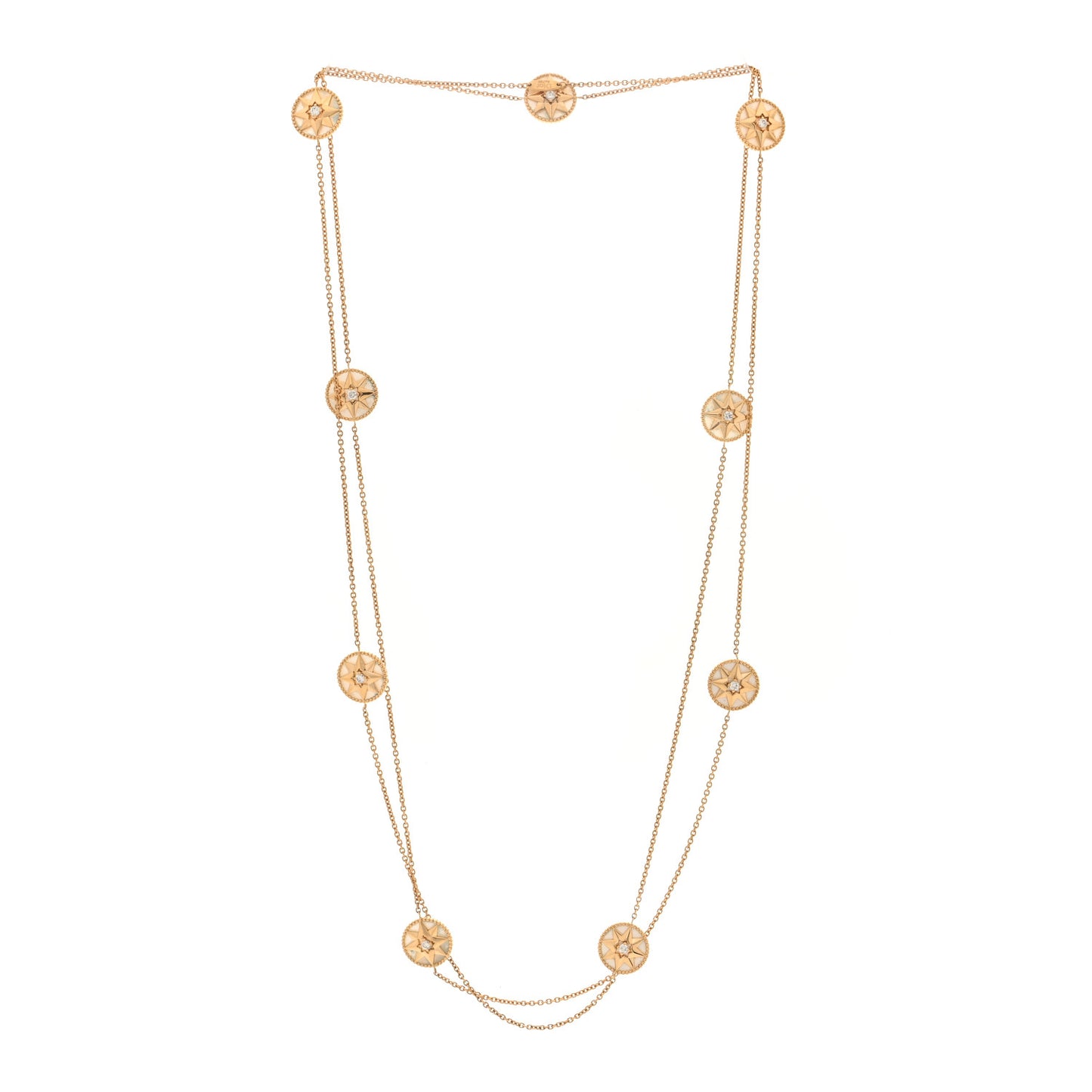 18K Yellow Gold Diamond Mother of Pearl Rose Des Vents 9-Station Long Necklace