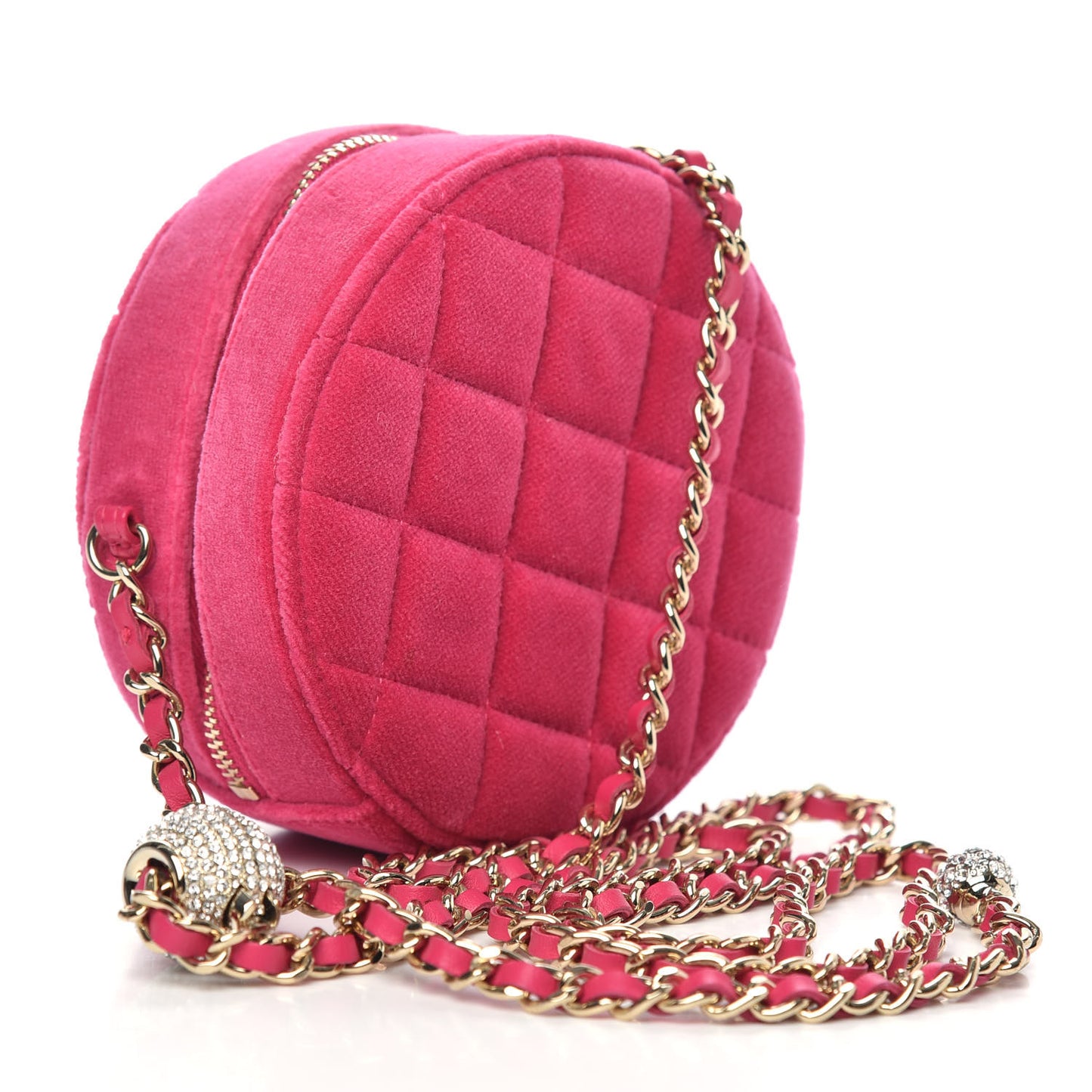 Velvet Round Quilted Pearl Crush Clutch With Chain Pink