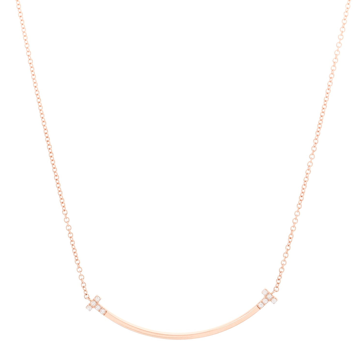 Tiffany 18K Rose Gold Diamond .03ctw Small T Smile Pendant Necklace 1 of 6