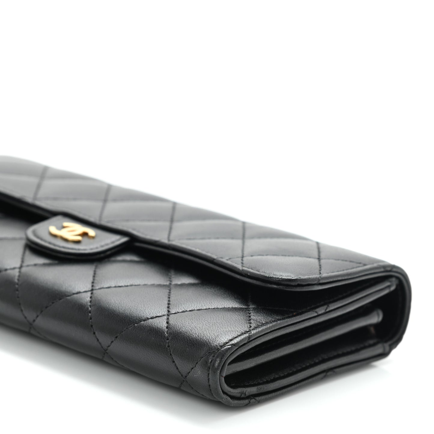 Lambskin Quilted Large Gusset Flap Wallet Black