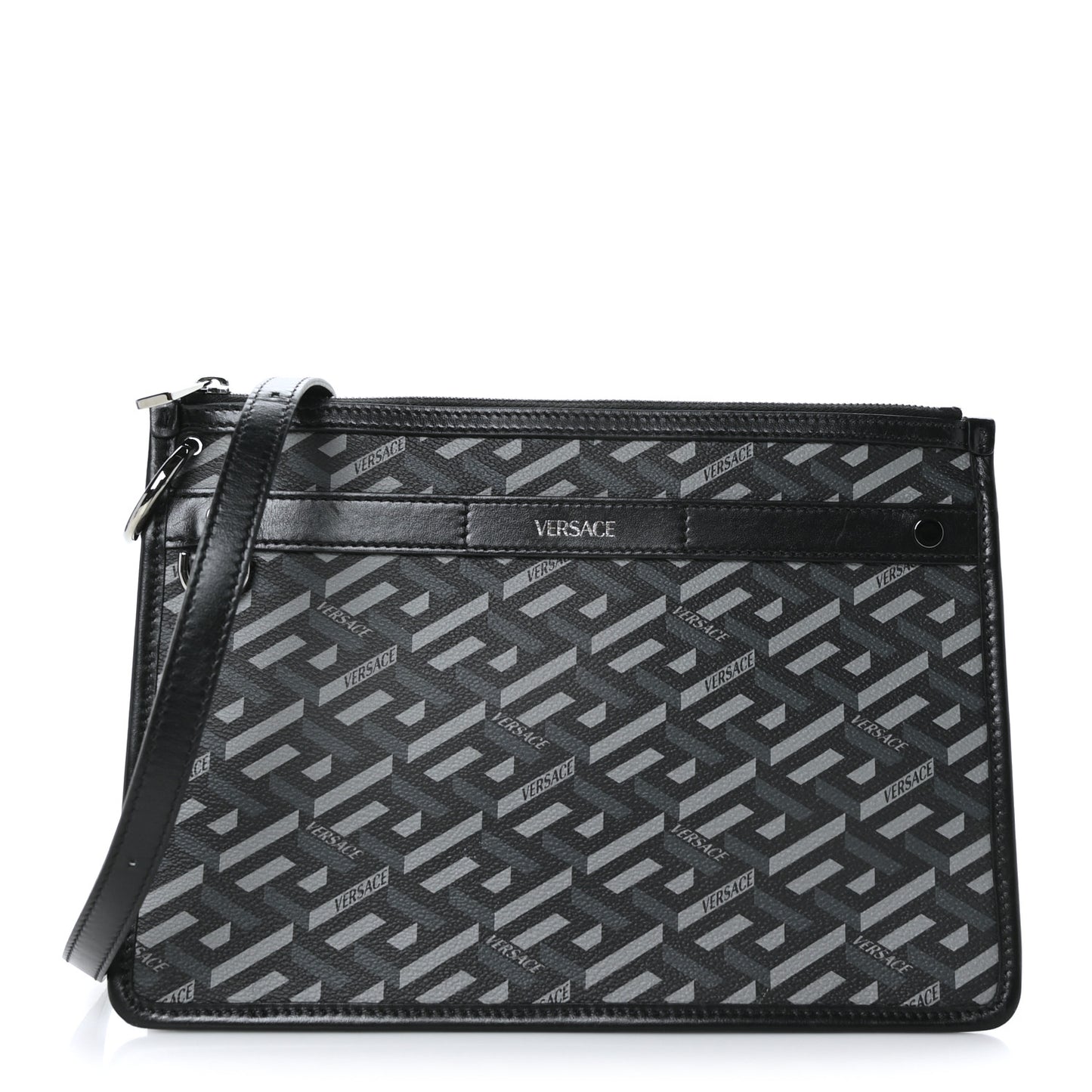 Coated Canvas Large La Greca Signature Pouch Black Grey