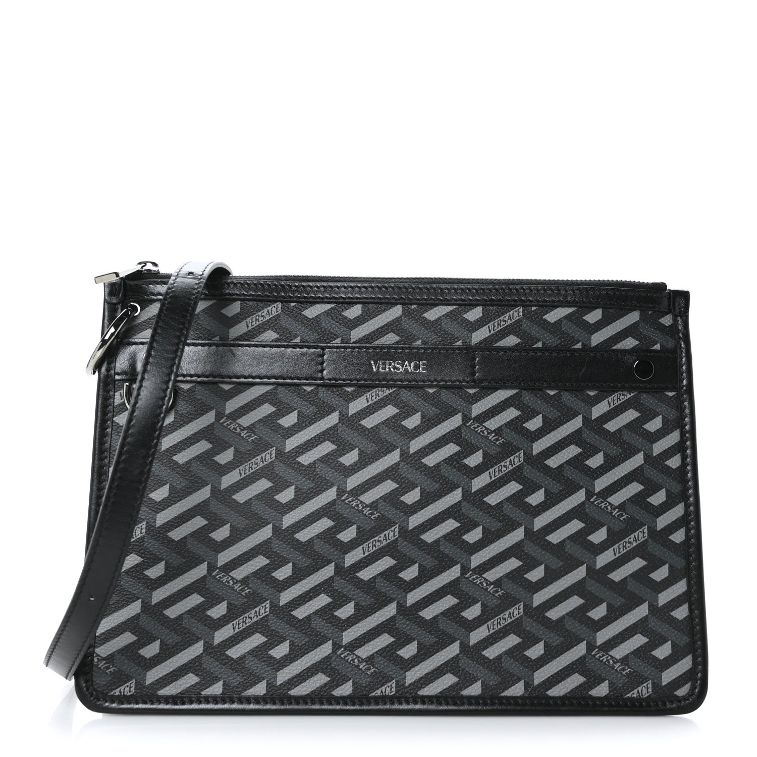 Versace Coated Canvas Large La Greca Signature Pouch Black Grey 1 of 8
