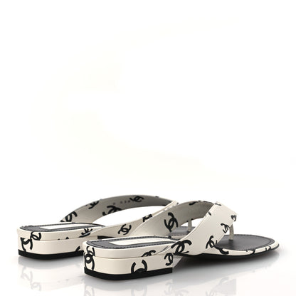 Chanel Lambskin Printed CC Thong Sandals 37 White Black 5 of 11