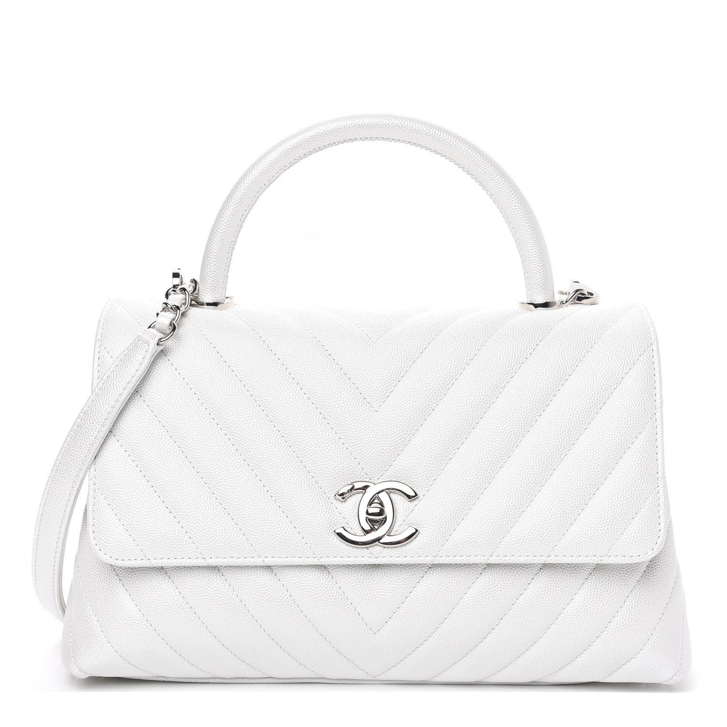 Iridescent Caviar Chevron Quilted Small Coco Handle Flap White
