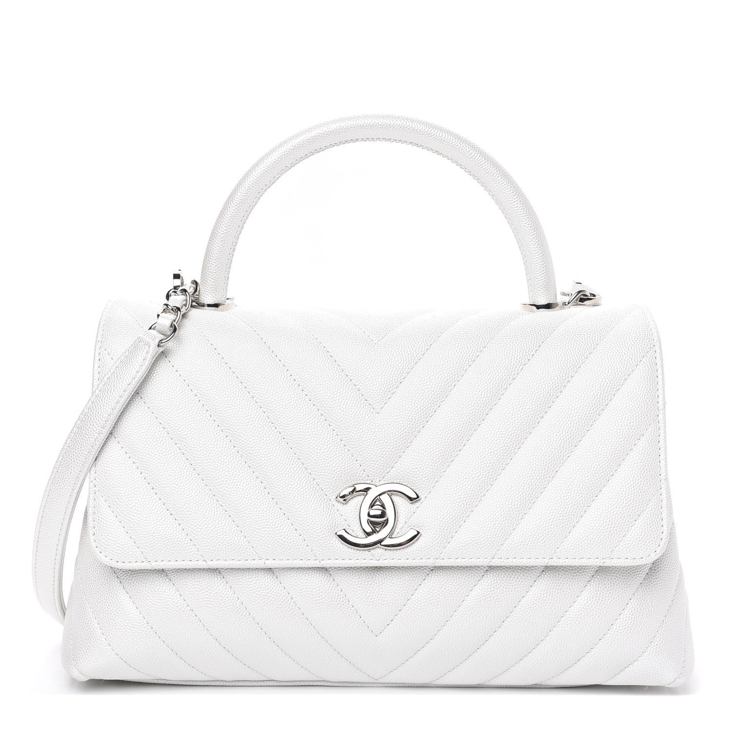 Chanel Iridescent Caviar Chevron Quilted Small Coco Handle Flap White 1 of 10