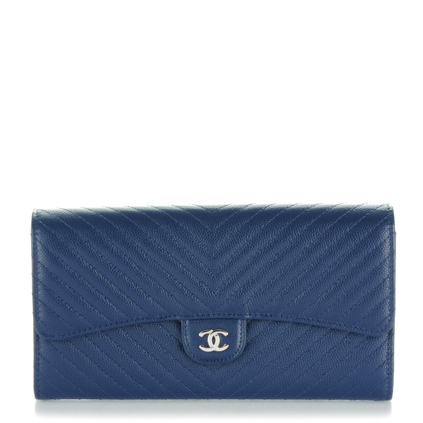 Caviar Chevron Quilted Large Flap Wallet Navy