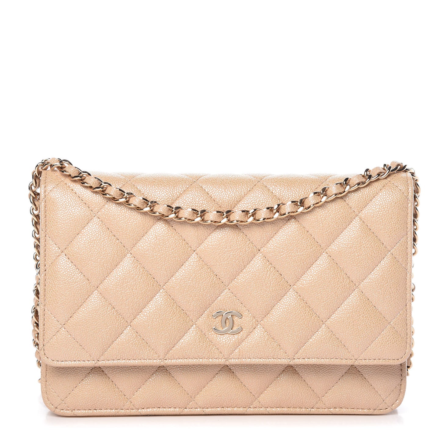 Iridescent Caviar Quilted Wallet On Chain WOC Beige