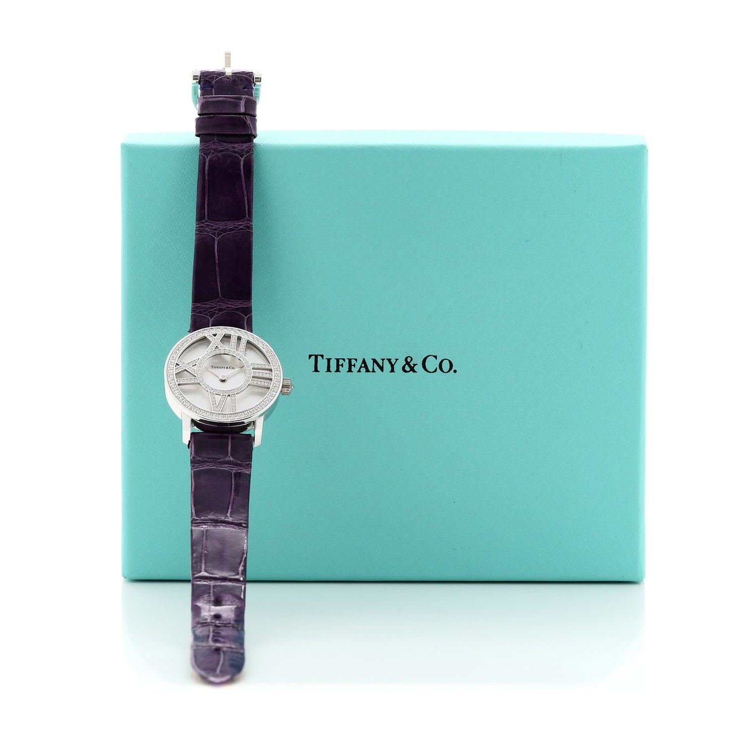 18K White Gold Alligator Diamond Mother of Pearl 26mm Atlas Round Cocktail Quartz Watch