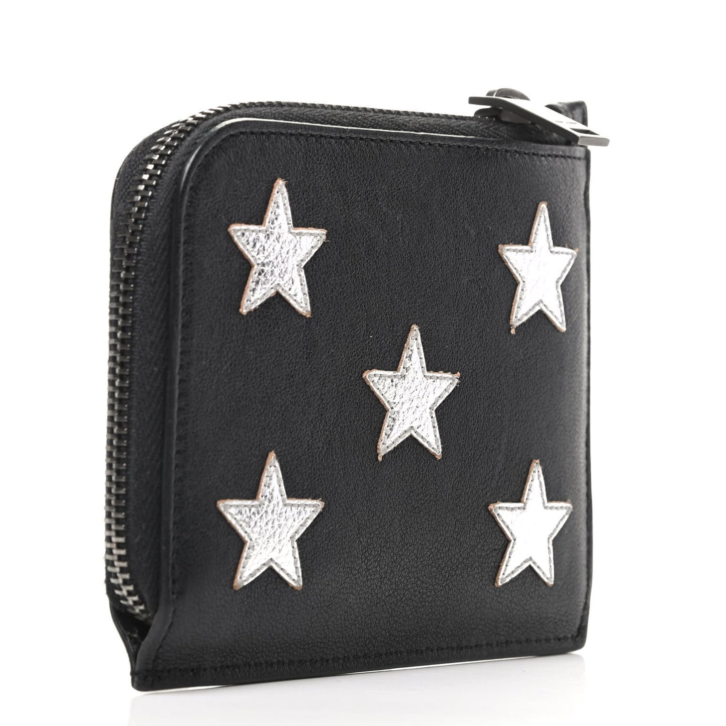 Calfskin 5 Fragments Stars Zipped Coin Pouch Wallet Black