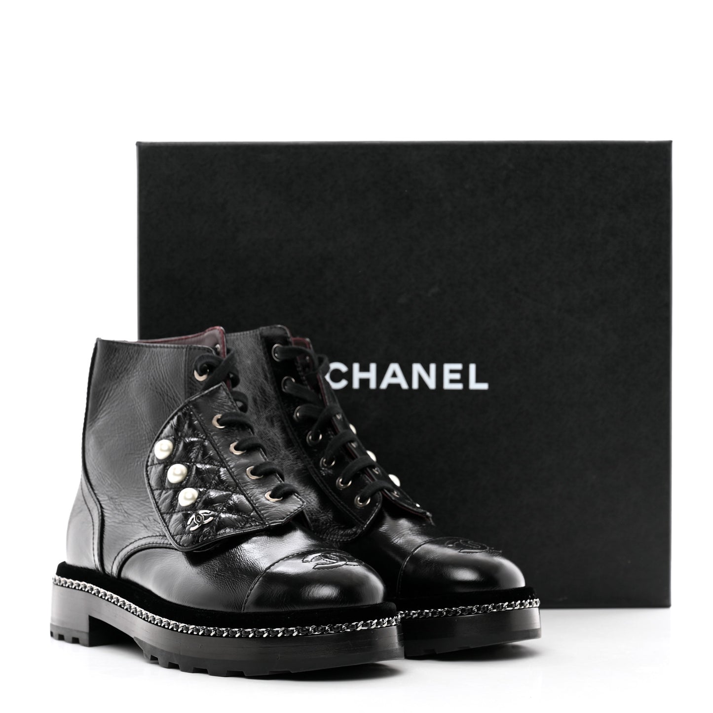 Crackled Calfskin Velvet Pearl Combat Short Boots 37.5 Black