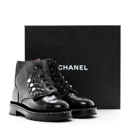 Chanel Crackled Calfskin Velvet Pearl Combat Short Boots 37.5 Black 9 of 9