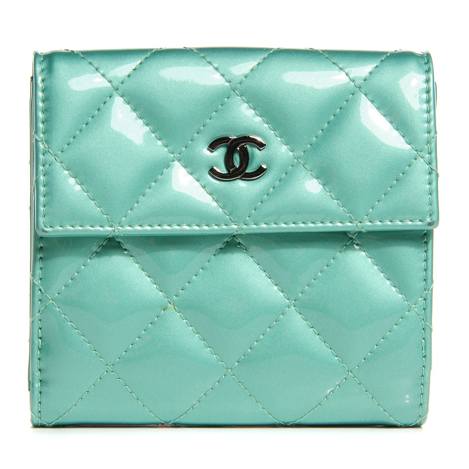 Chanel Patent Quilted Compact Wallet Green 1 of 7