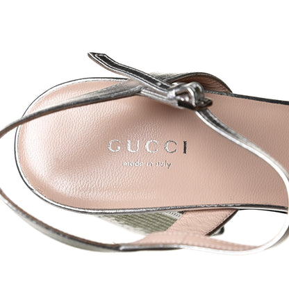 Gucci Sequin Satin Nappa GG Marmont Ankle Wrap 75mm Sandals 38.5 Silver Grigio Argento 9 of 10