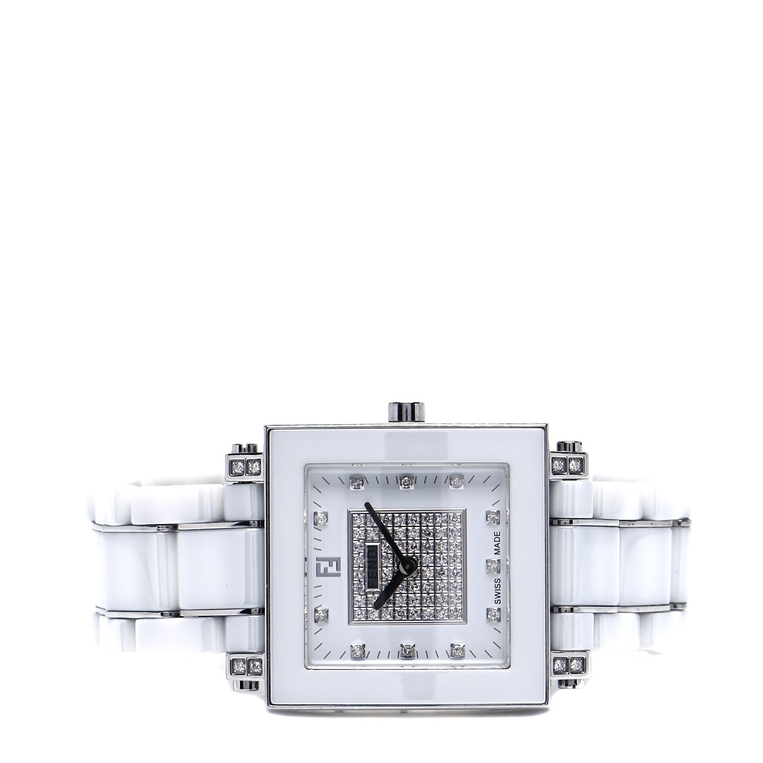 Fendi Stainless Steel Ceramic Diamond Dial 30mm Quadro Quartz Watch White 2 of 6