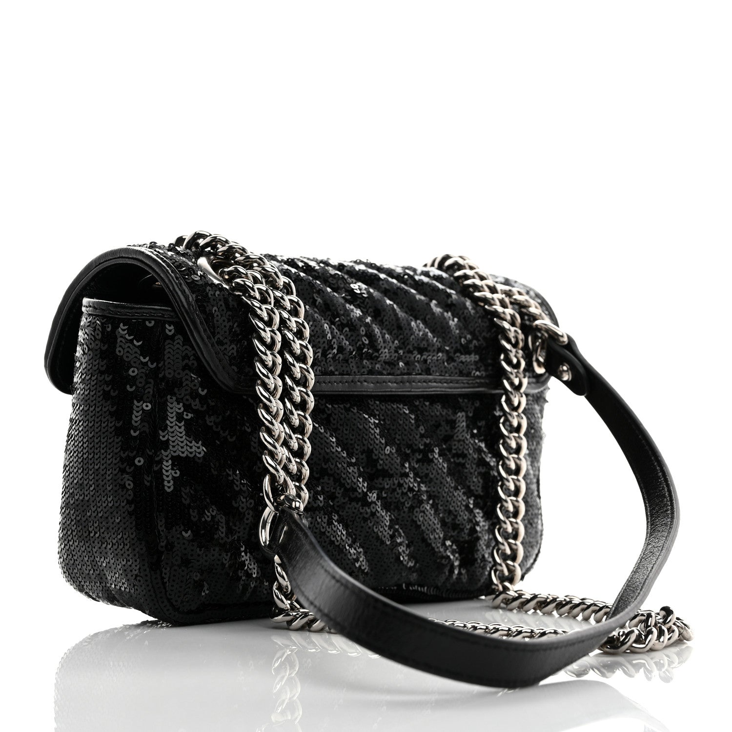 Gucci Sequin Matelasse Diagonal Mini GG Marmont Shoulder Bag Black 3 of 10