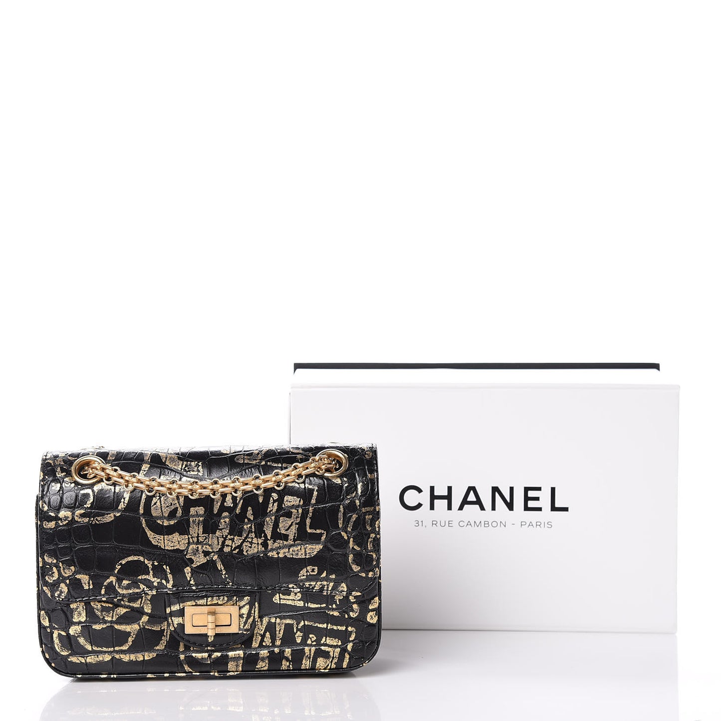 Calfskin Crocodile Embossed Graffiti 2.55 Mini Cocodile Reissue Flap Black Gold