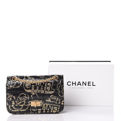 Chanel Calfskin Crocodile Embossed Graffiti 2.55 Mini Cocodile Reissue Flap Black Gold 10 of 10