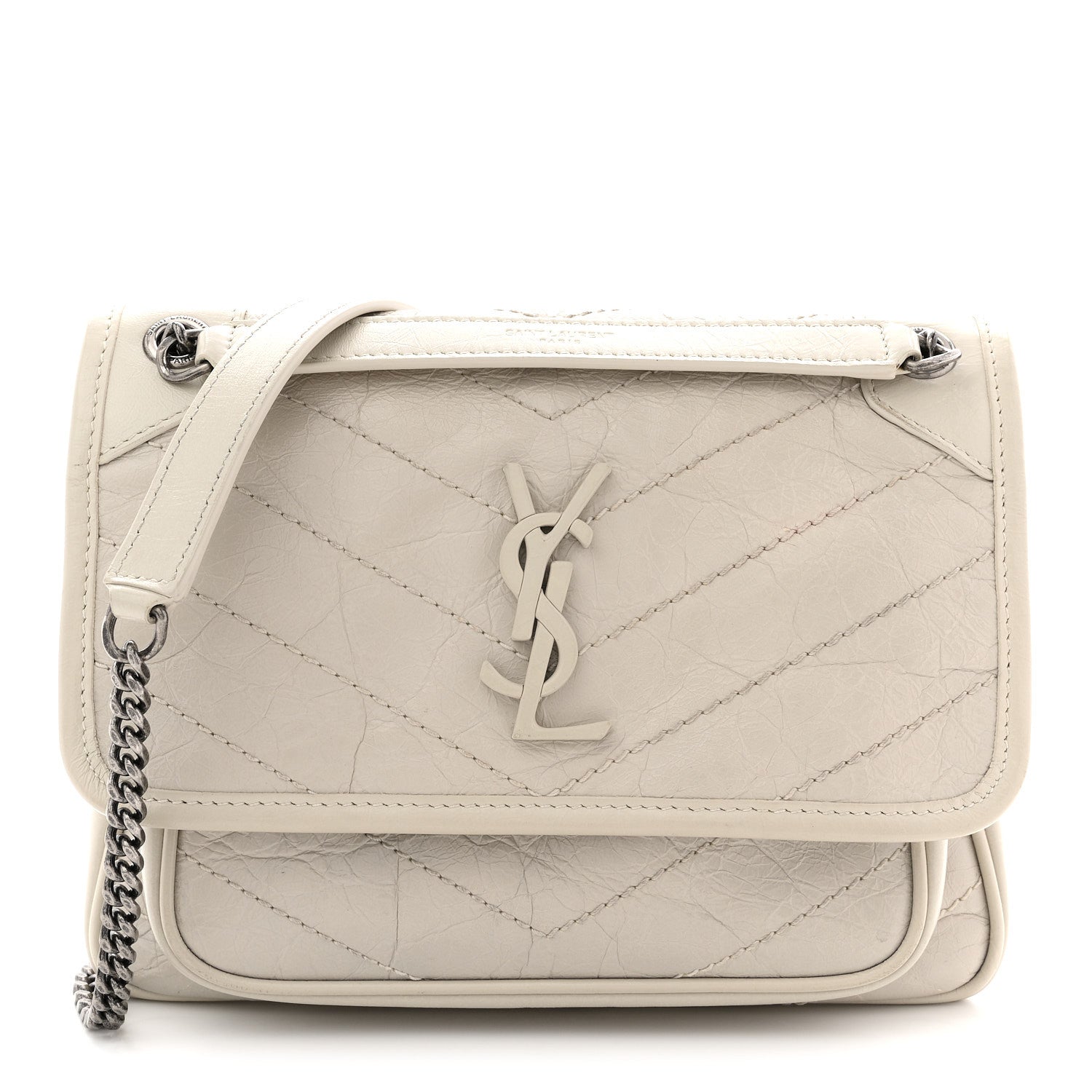 Saint Laurent Crinkled Calfskin Matelasse Monogram Baby Niki Chain Satchel Blanc Vintage 1 of 12