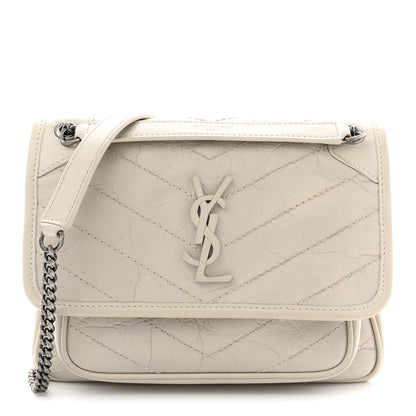 Saint Laurent Crinkled Calfskin Matelasse Monogram Baby Niki Chain Satchel Blanc Vintage 1 of 12