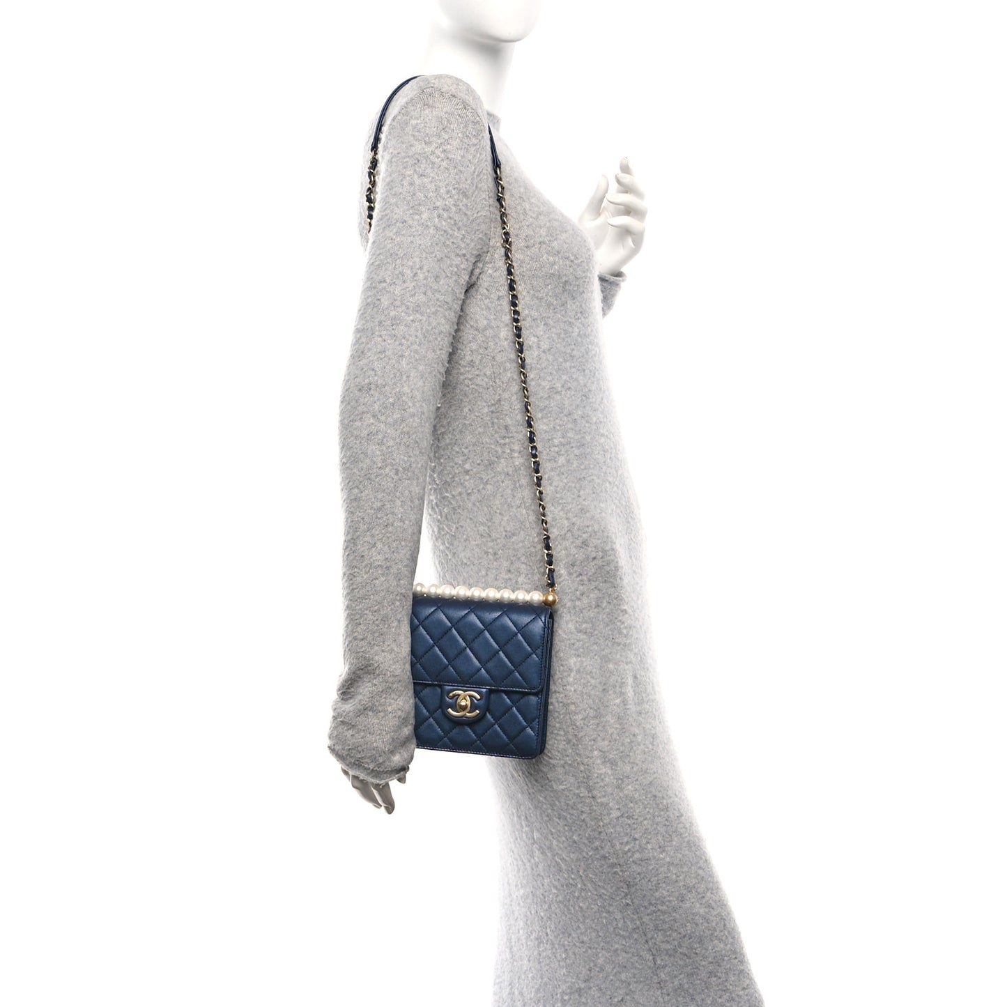 Iridescent Lambskin Quilted Chic Pearls Flap Navy Blue