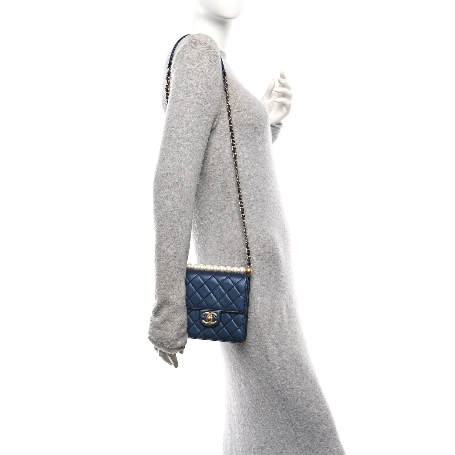 Chanel Iridescent Lambskin Quilted Chic Pearls Flap Navy Blue 2 of 11