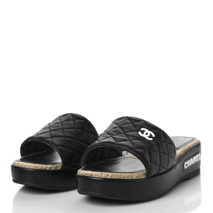Chanel Lambskin Quilted CC Espadrille Slip On Sandals 35 Black 3 of 10