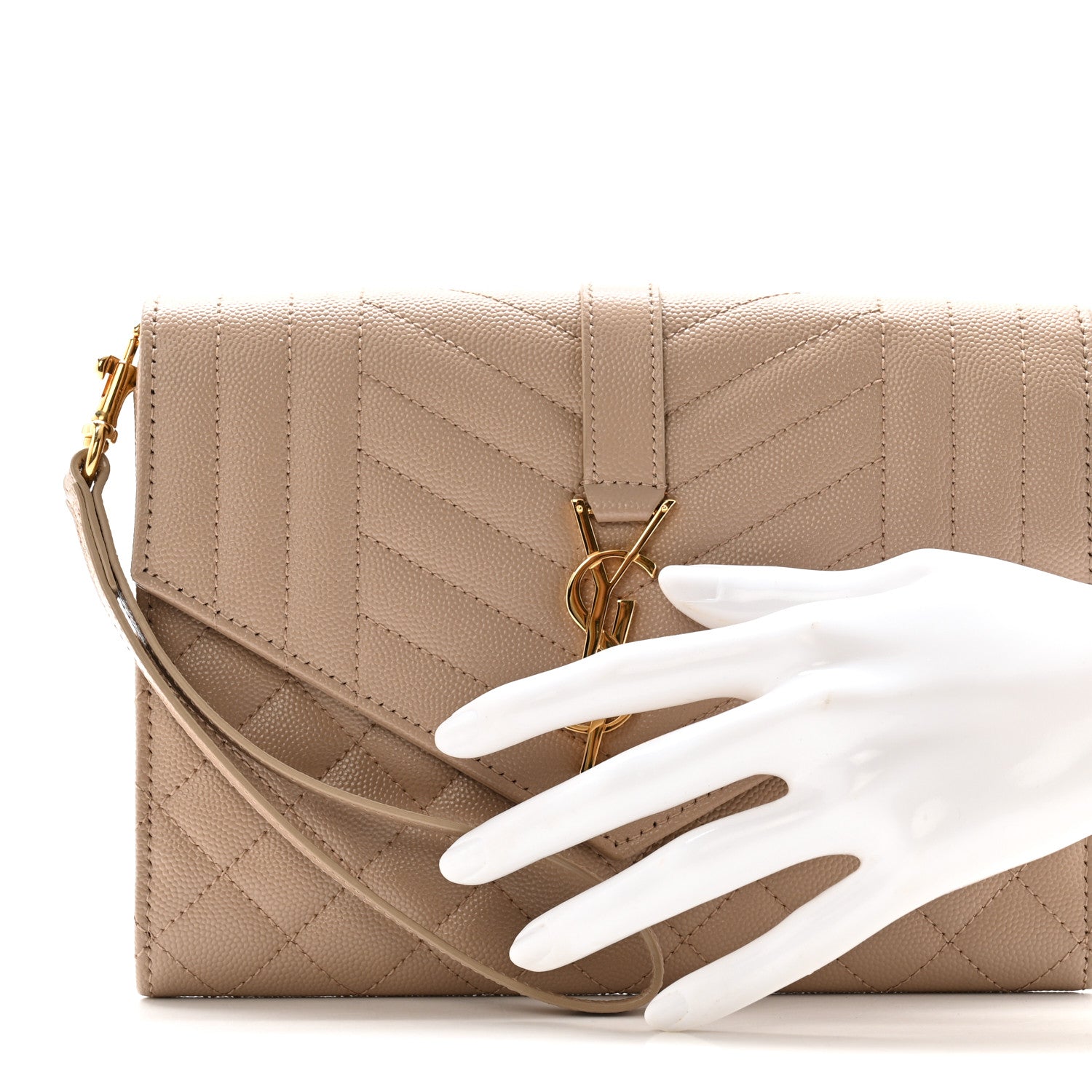 Saint Laurent Grain De Poudre Textured Mixed Matelasse Triquilt Monogram Clutch Dark Beige 2 of 10