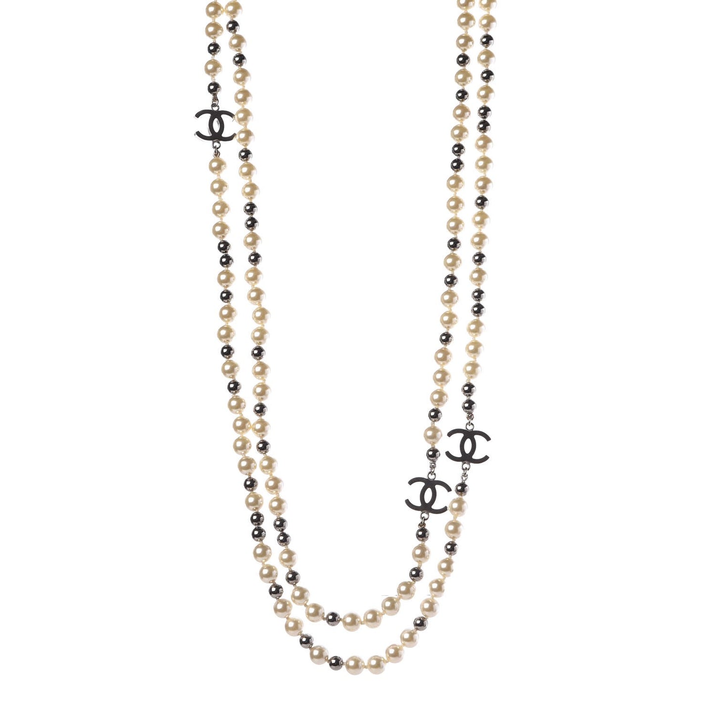 Pearl Bead CC Long Necklace Silver