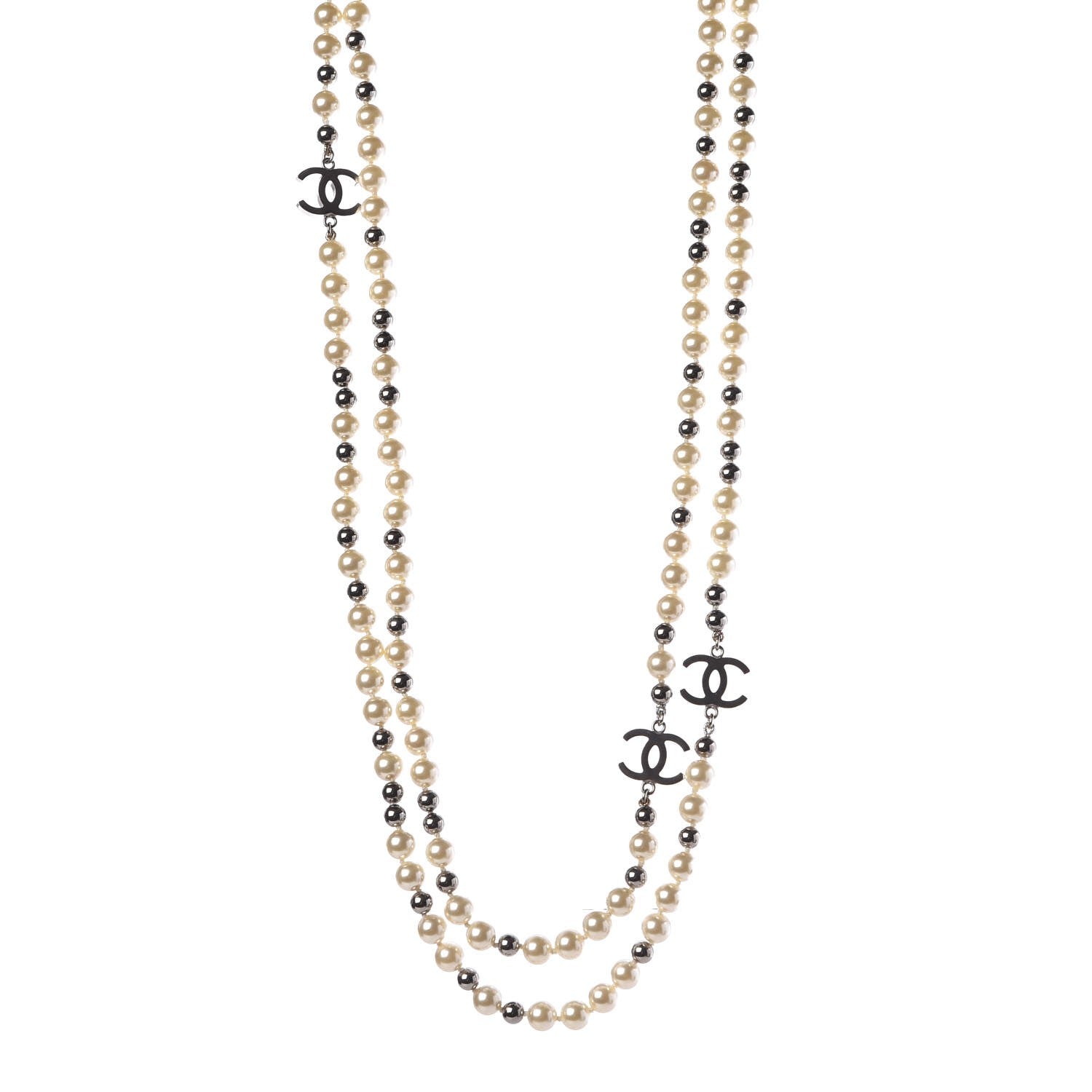 Chanel Pearl Bead CC Long Necklace Silver 1 of 7
