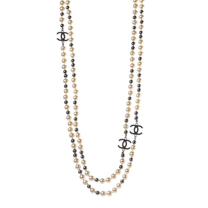 Chanel Pearl Bead CC Long Necklace Silver 1 of 7