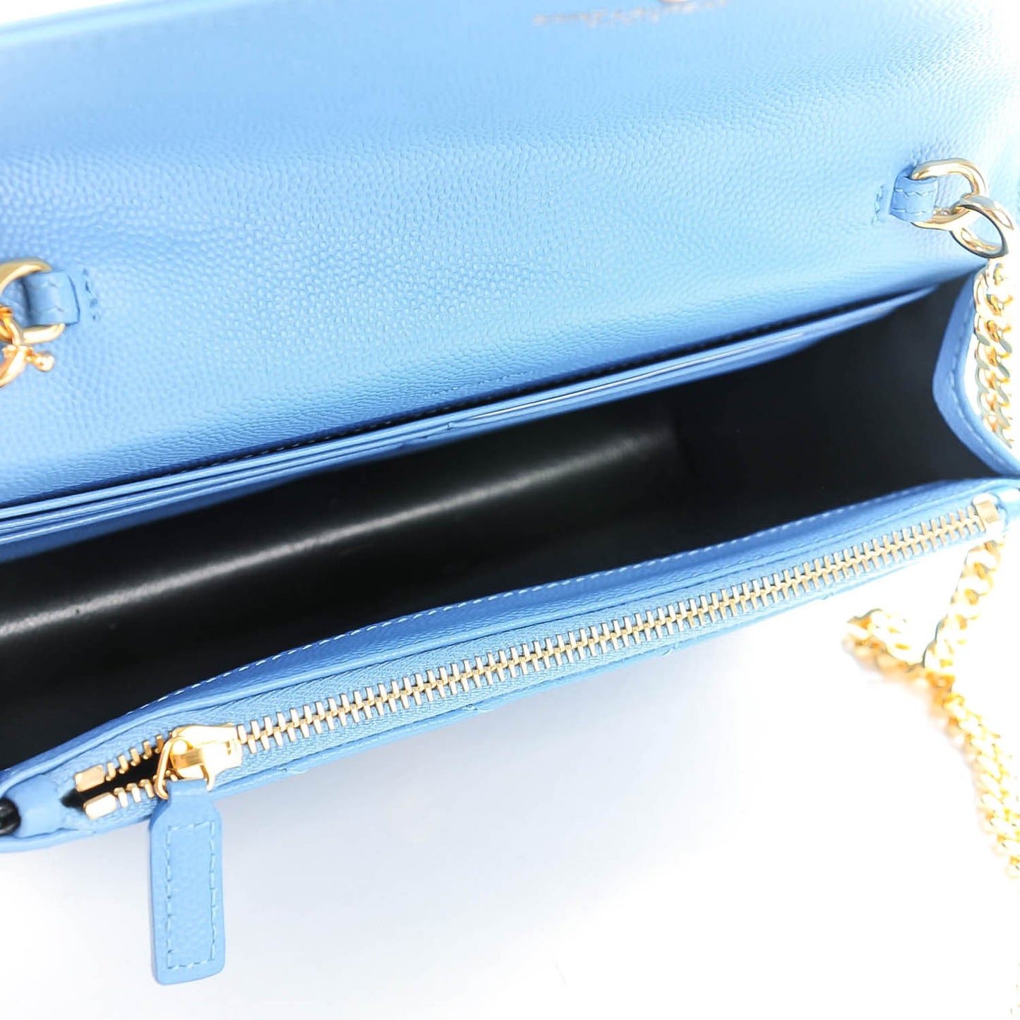 Grain De Poudre Matelasse Chevron Monogram Envelope Chain Wallet Blue Clair