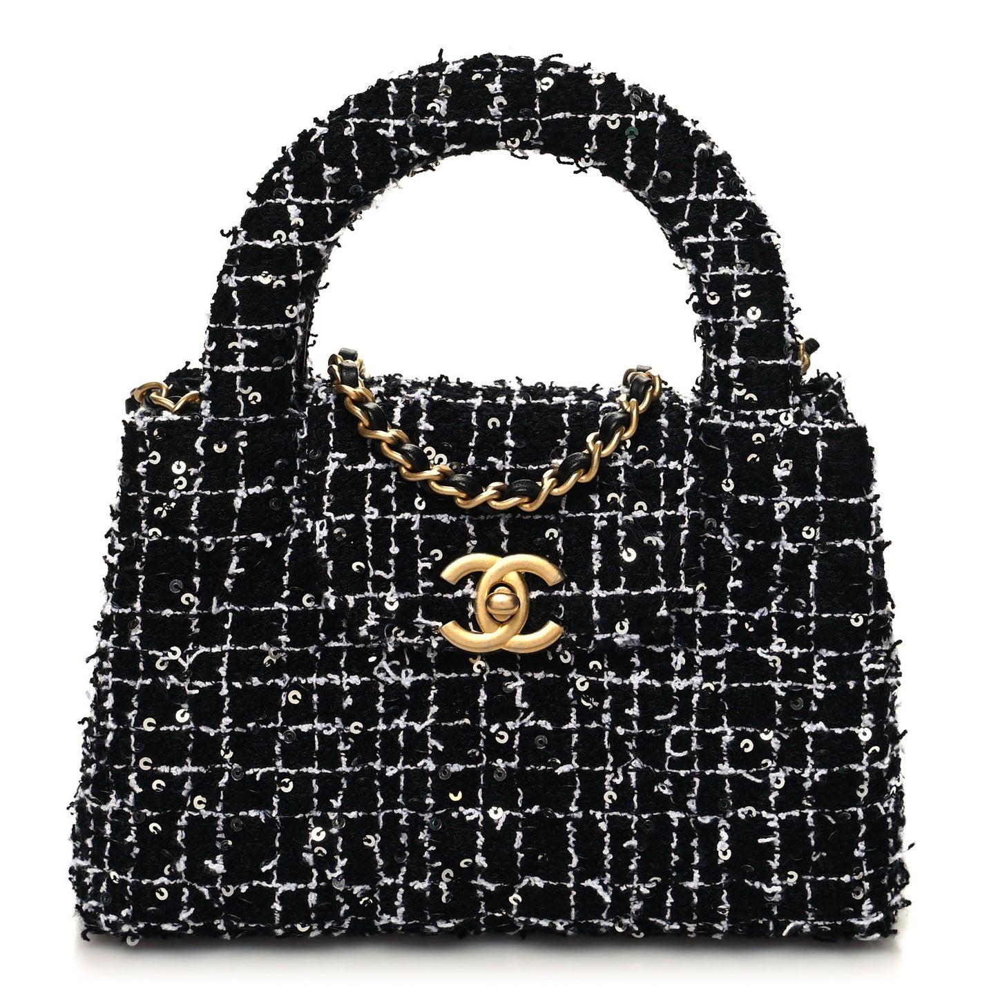 Tweed Quilted Nano Kelly Shopper Black White