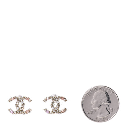 Chanel Pearl Crystal CC Charms Stud Earrings Light Gold Pink 2 of 5