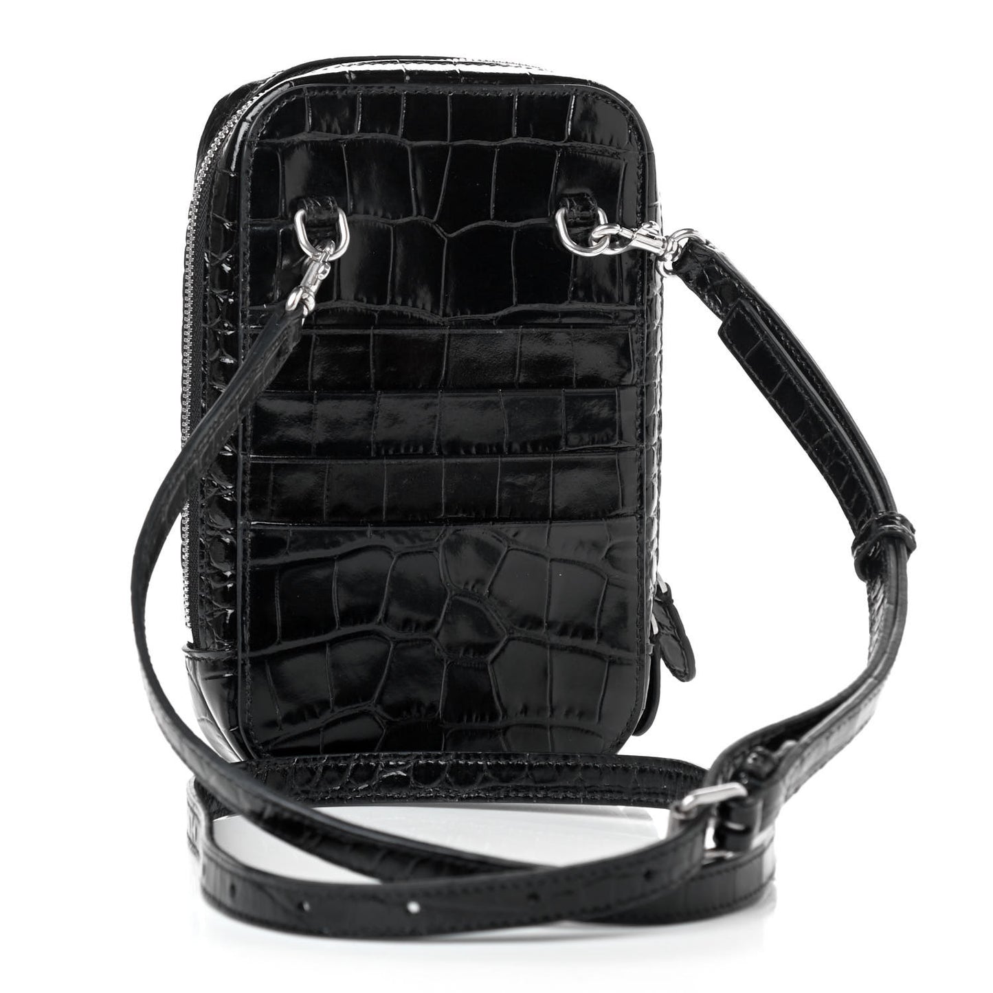 Shiny Calfskin Logo Crocodile Embossed Cash Phone Holder Bag Black White