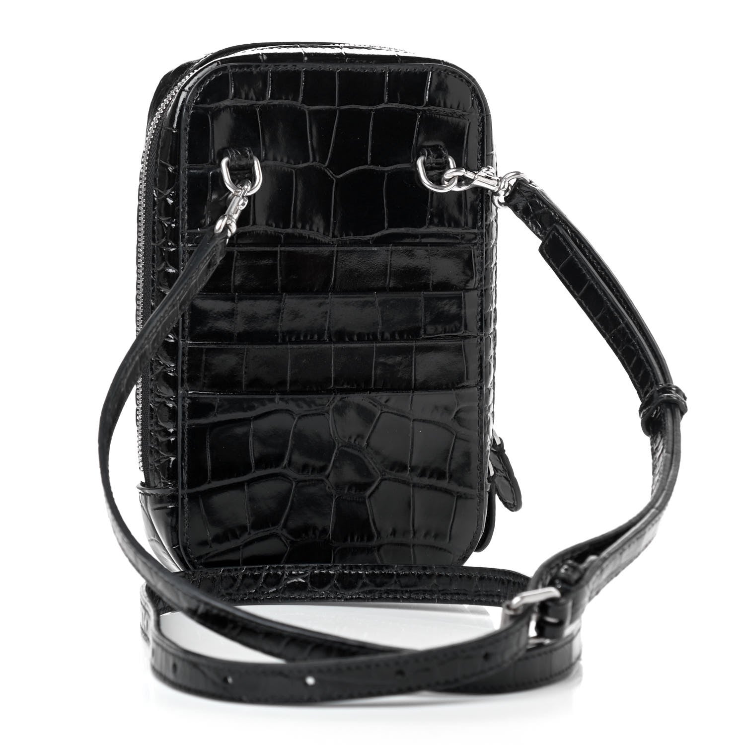 Balenciaga Shiny Calfskin Logo Crocodile Embossed Cash Phone Holder Bag Black White 2 of 4