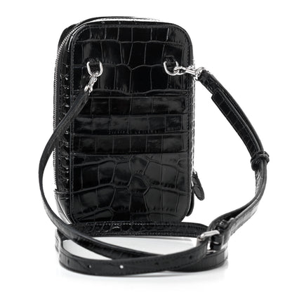 Balenciaga Shiny Calfskin Logo Crocodile Embossed Cash Phone Holder Bag Black White 2 of 4