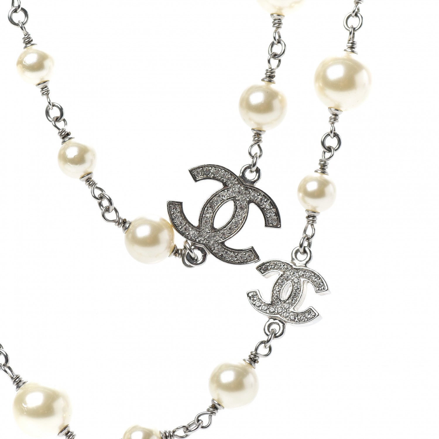 Chanel Crystal Pearl CC Long Necklace Silver 5 of 6