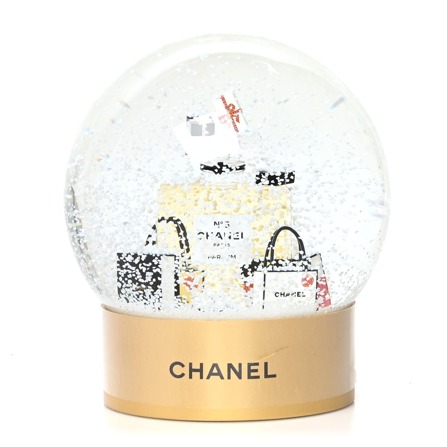 Glass N°5 Perfume Bottle Snow Globe Gold