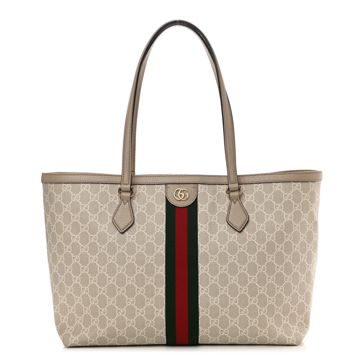 Gucci GG Supreme Monogram Textured Dollar Calfskin Web Medium Ophidia Shopping Tote Beige Mystic White Oatmeal 2 of 21