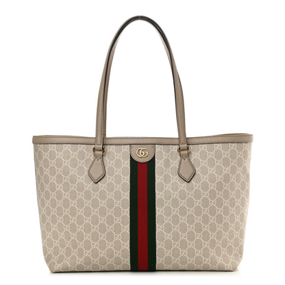 Gucci GG Supreme Monogram Textured Dollar Calfskin Web Medium Ophidia Shopping Tote Beige Mystic White Oatmeal 2 of 21