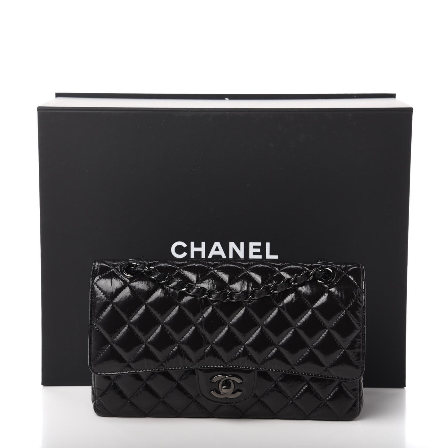 Shiny Crumpled Calfskin Quilted Medium Double Flap So Black